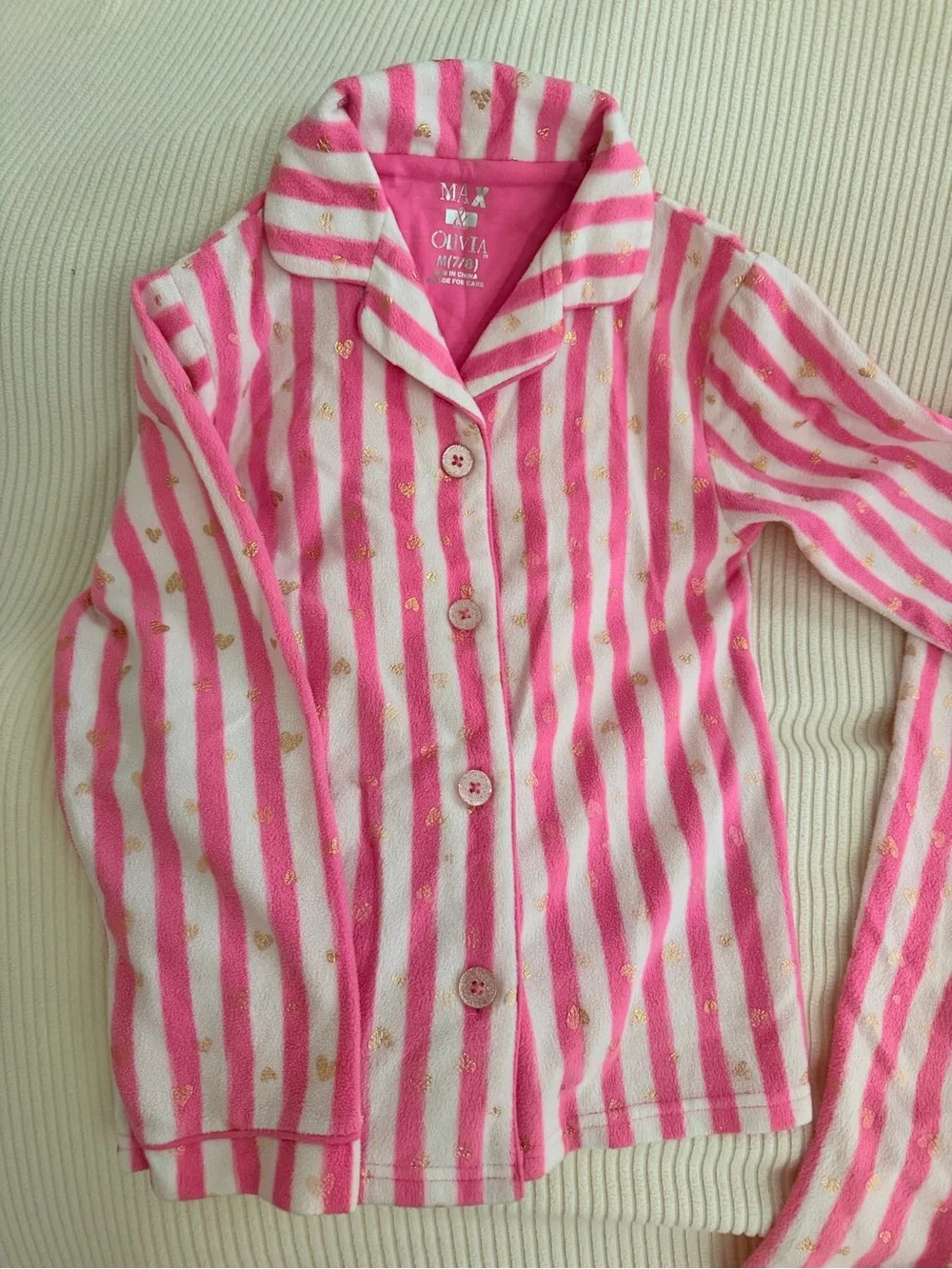 Max & Olivia Girls Pink Striped Fleece Pajama Set Size 7/8 Gold Hearts